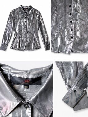 Vintage J&R Y2K Silver Metallic Button-Up Shirt | Futuristic Iridescent Blouse